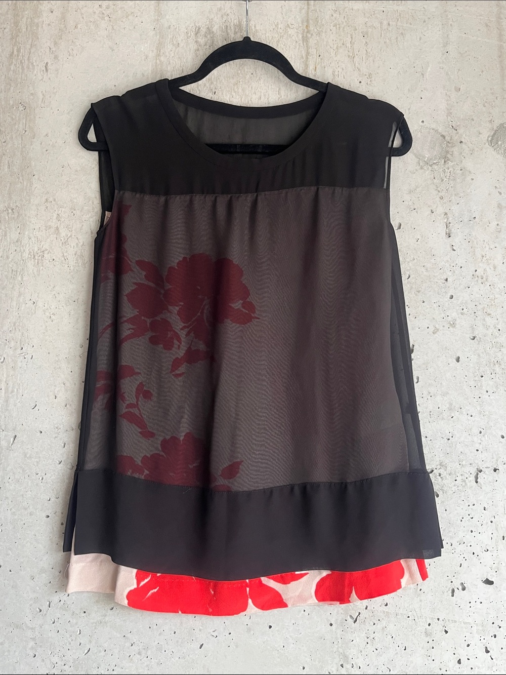 AllSaints Sheer Floral Layered Tank Black Red Romantic Top